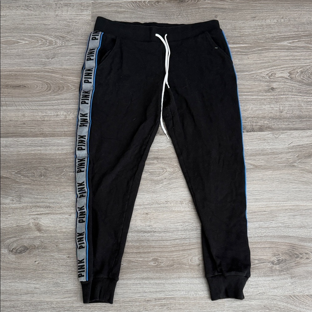 PINK Victoria's Secret Black Joggers with Blue Accents